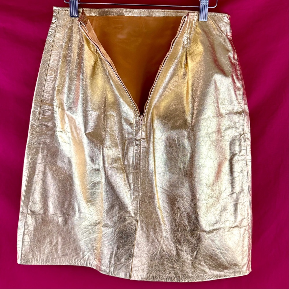Vintage Gold Metallic Leather Mini Skirt Disco Glam Party Festival 90s Size 12 - Picture 6 of 16